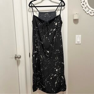 ALIKE Black & Cream Splatter Paint Print Abstract Sleeveless Midi Slip Dress L